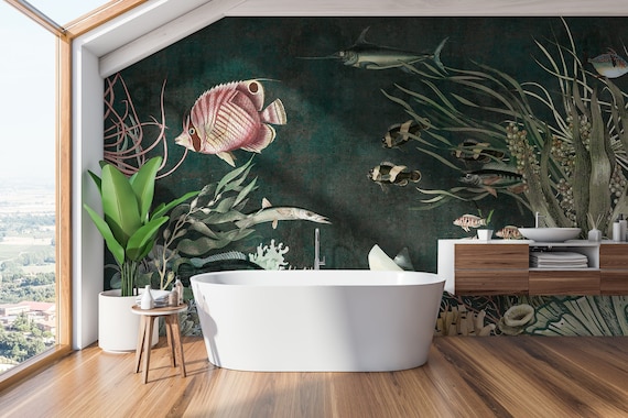 Nostalgic Underwater Art Wallpaper Vintage Fish Wall Mural Peel and Stick