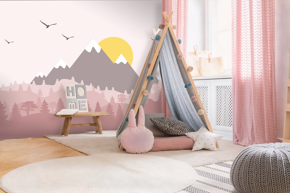 Kids Mountain Wallpaper Nursery Landscape Wall Mural Peel and - Etsy