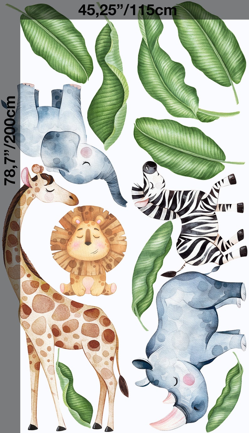 May include: A set of watercolour illustrations featuring a giraffe, lion, elephant, zebra, and rhinoceros. The animals are surrounded by green banana leaves. The illustrations are perfect for a nursery or children's room.