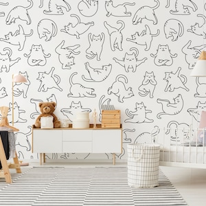 Carta da parati per bambini che disegnano gatti Carta da parati stacca e incolla Carta da parati con gatti yoga che ballano