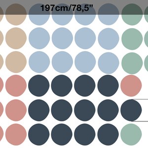 May include: A pattern of 8 cm diameter circles in various colors, including beige, light blue, dark blue, pink, and green. The pattern is arranged in rows and columns, with 197 cm width and 100 cm height.