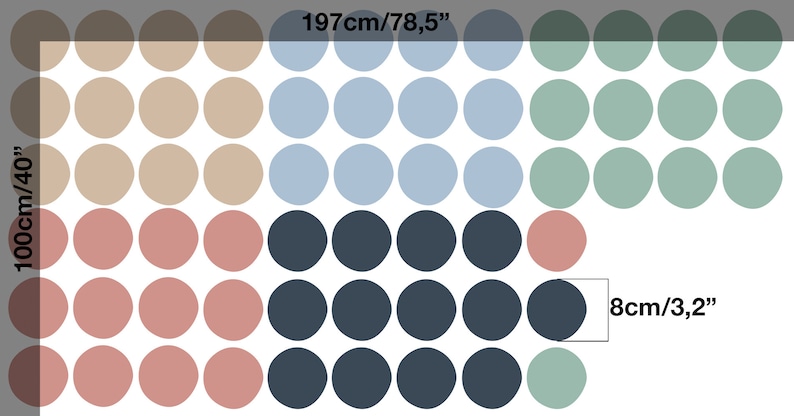 May include: A pattern of 8 cm diameter circles in various colors, including beige, light blue, dark blue, pink, and green. The pattern is arranged in rows and columns, with 197 cm width and 100 cm height.
