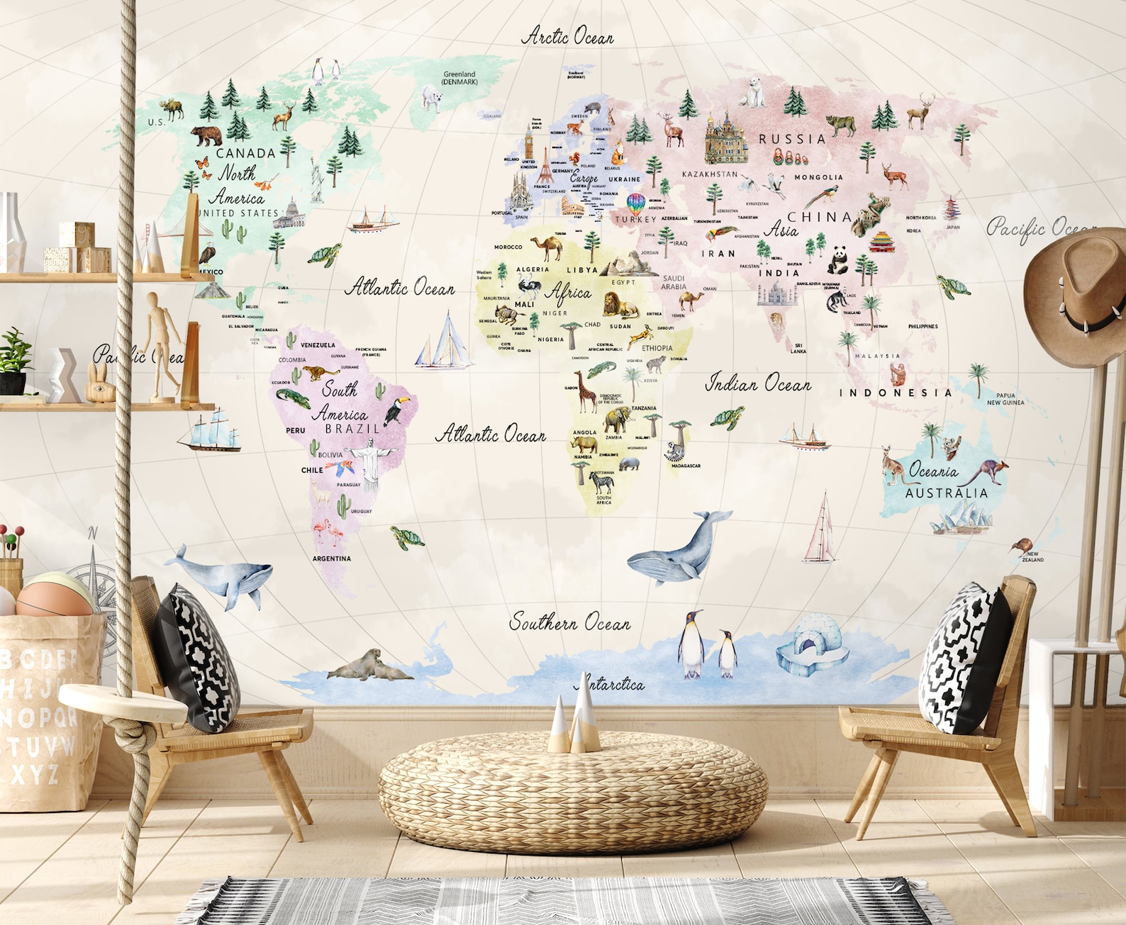 Kids World Map Wallpaper Peel and Stick | Watercolor World Map Wall ...