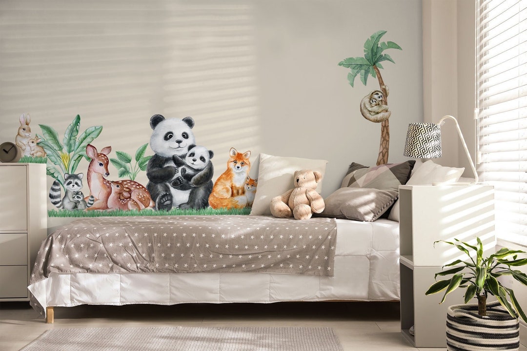 Cute Forest Animals With Trees Wall Sticker, Colorful Watercolor ...