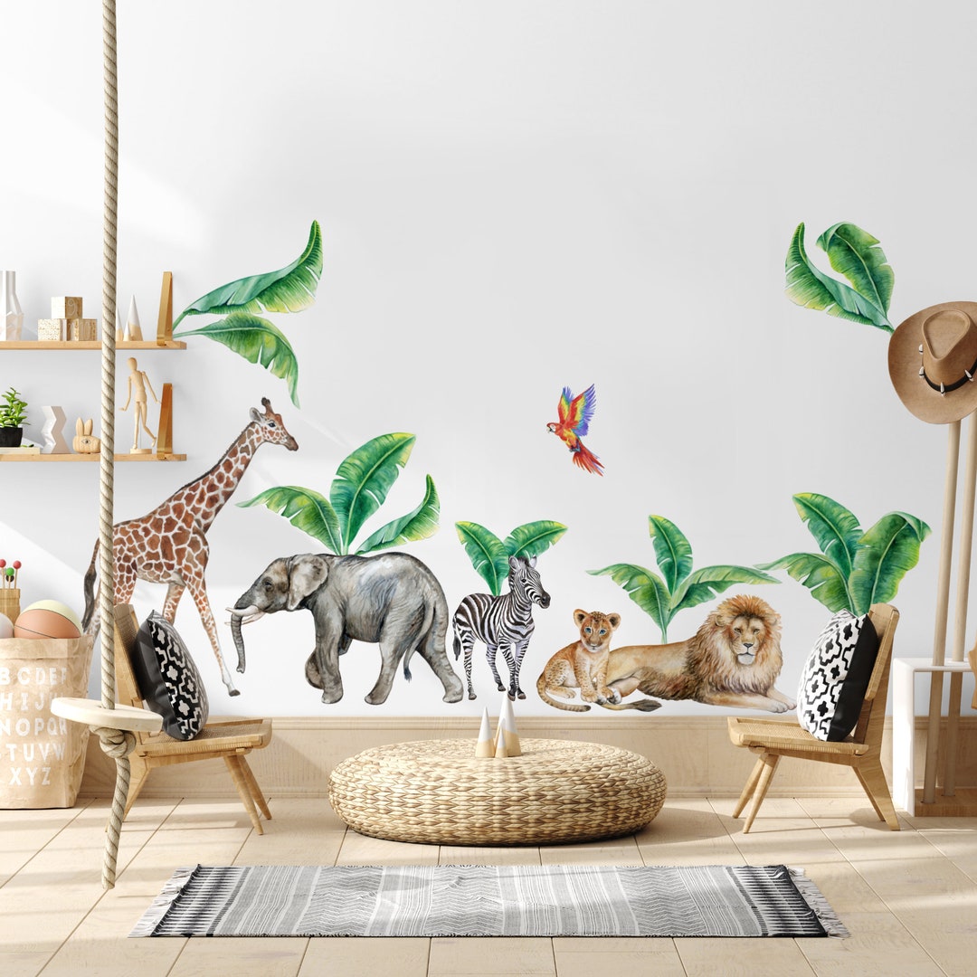 Safari Animals Wall Decal Peel and Stick | Colorful Parrot With African ...