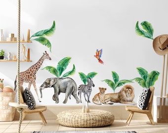 Safari Animals Wall Decal Peel and Stick | Colorful Parrot with African Animals Wall Sticker | Kids Wall Decals