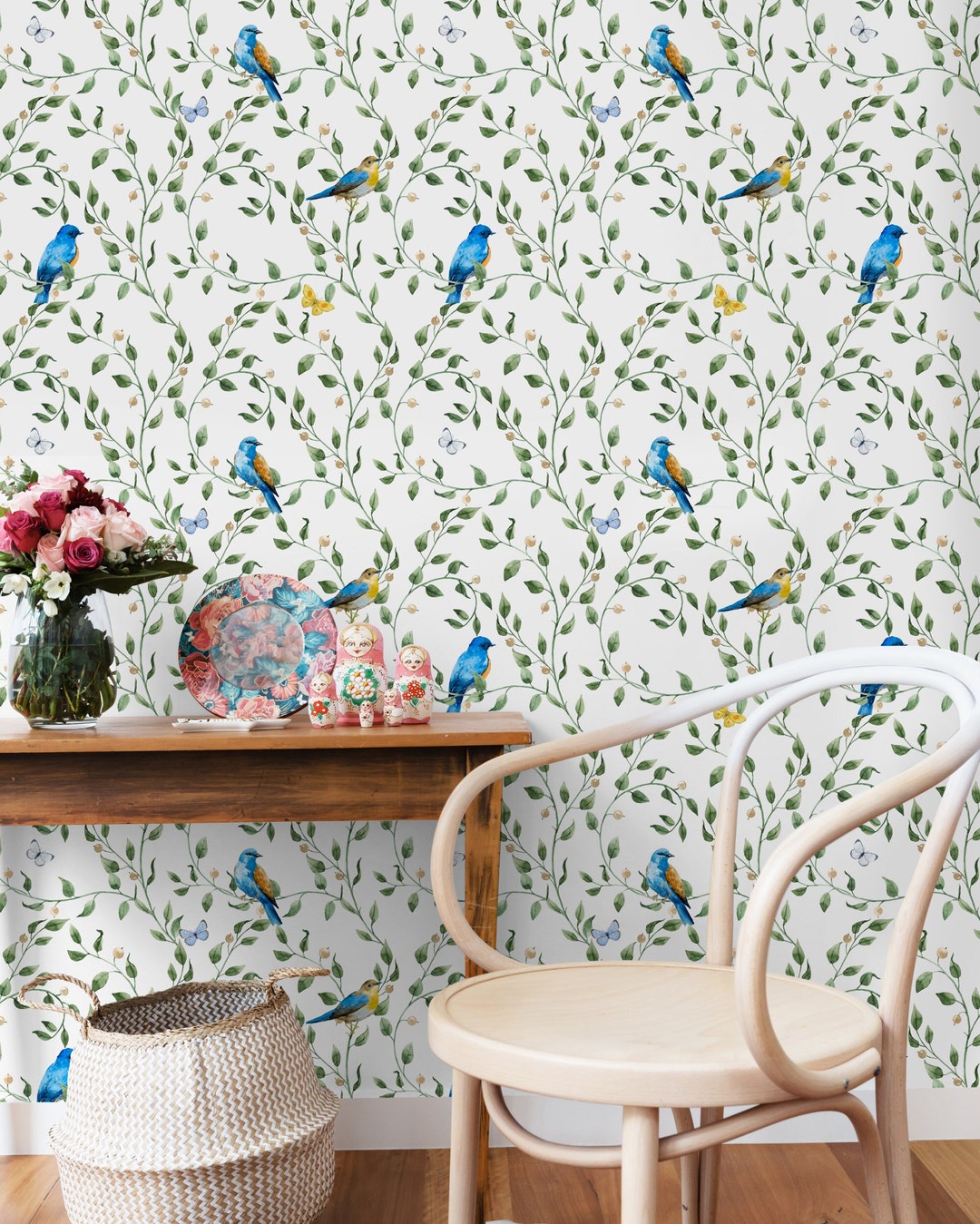 Tropical Birds Wallpaper Peel and Stick | Exotic Leaf Wall Mural ...