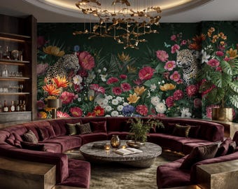 Elegant Tropical Floral and Leopard Wallpaper | Modern Botanical Garden Wall Mural