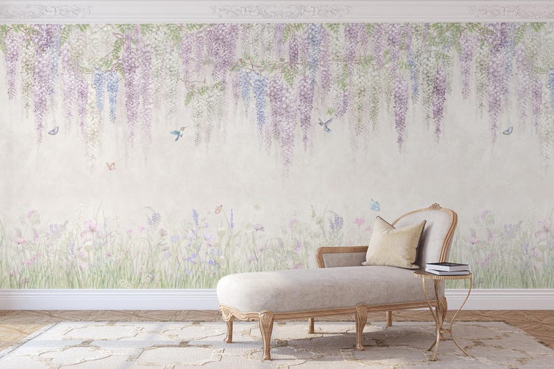 Vintage Wisteria Floral Wall Mural Hanging Flowers With Hummingbirds ...