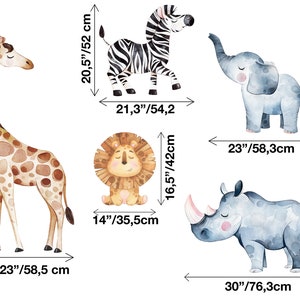 May include: A set of five watercolour animal illustrations, including a giraffe, zebra, elephant, lion, and rhinoceros. The animals are all facing forward and have a whimsical, cartoon-like style. The illustrations are perfect for a nursery or children's room.