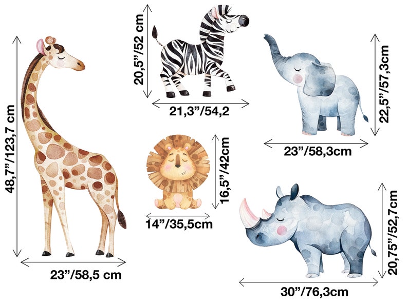 May include: A set of five watercolour animal illustrations, including a giraffe, zebra, elephant, lion, and rhinoceros. The animals are all facing forward and have a whimsical, cartoon-like style. The illustrations are perfect for a nursery or children's room.