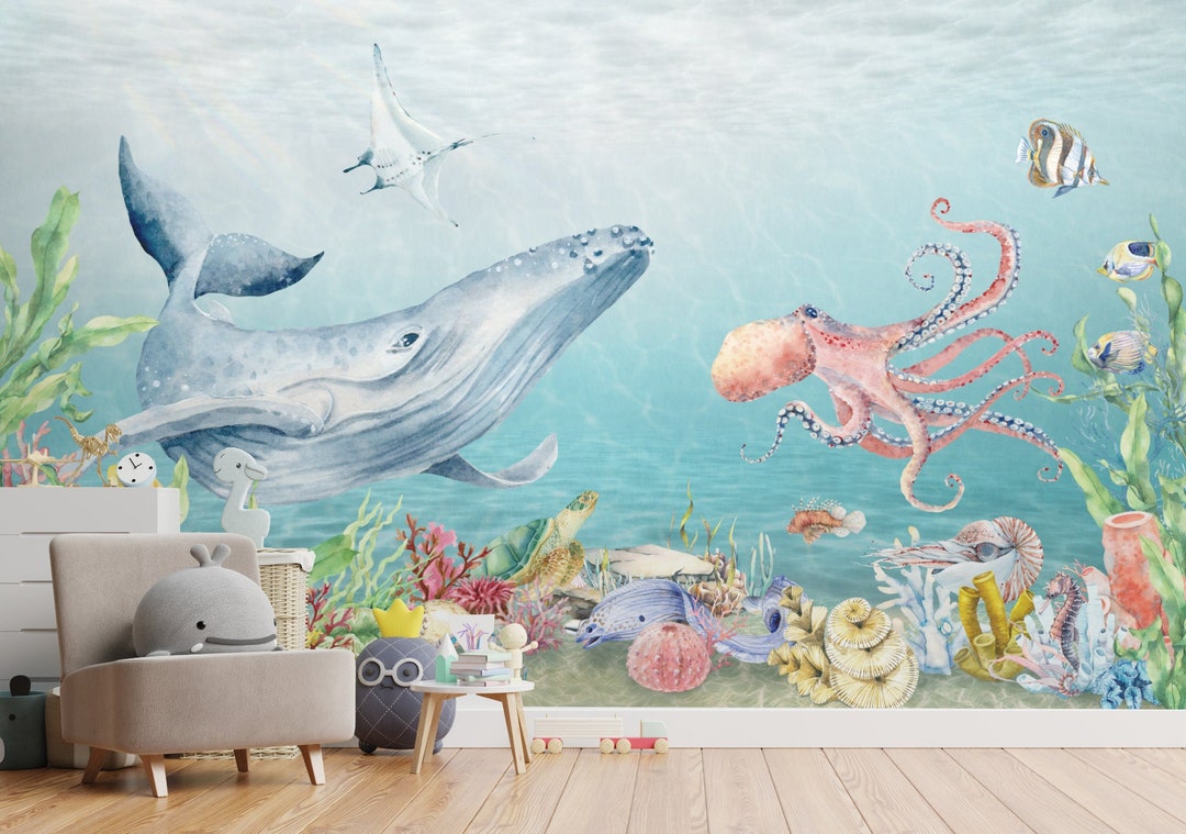 Kids Undersea Wallpaper Cute Whale With Sea Animals Wall Mural Peel and  Stick - Etsy Denmark