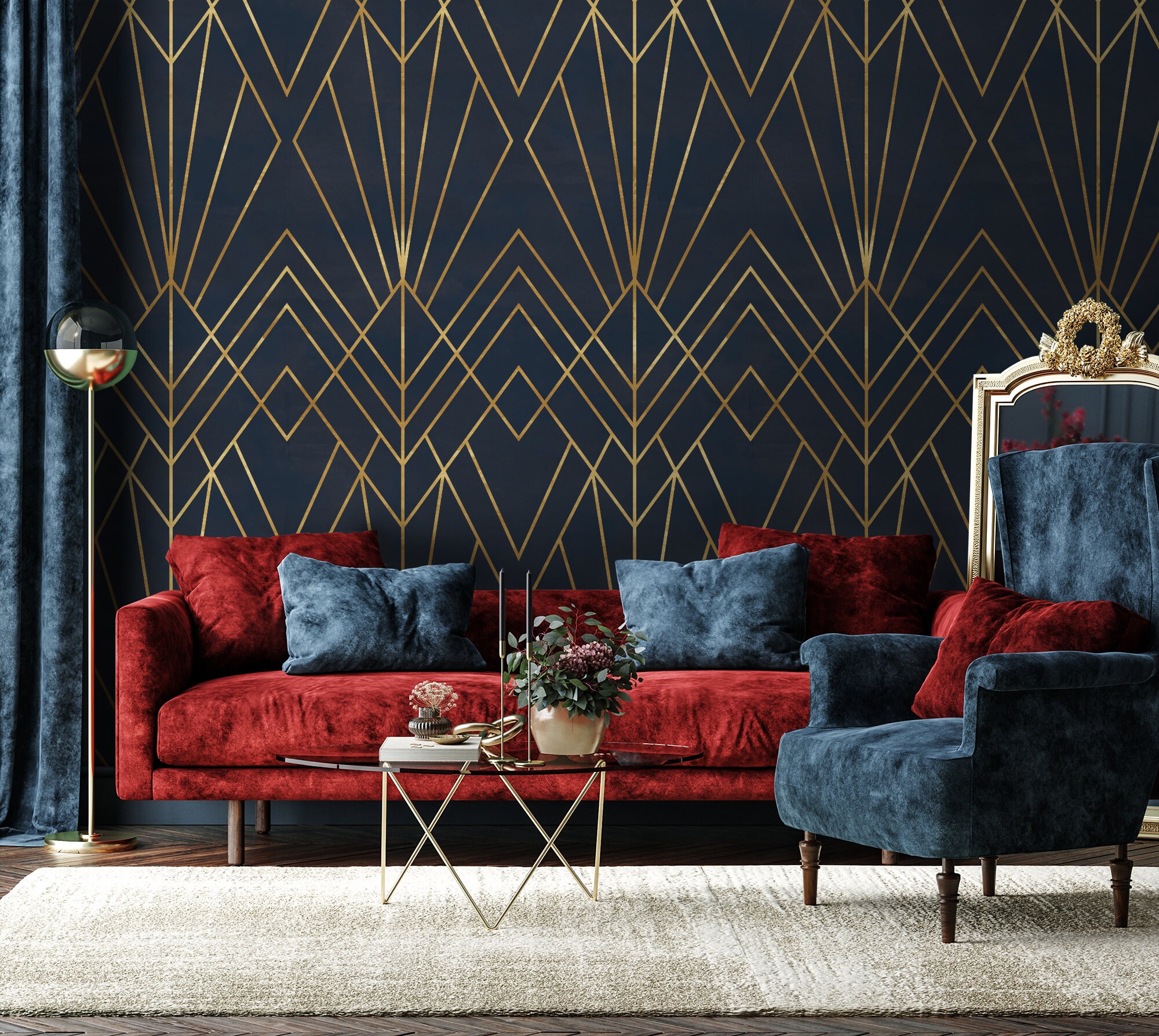 Geometric Wallpaper Peel and Stick Gold Faux Wall Mural Etsy