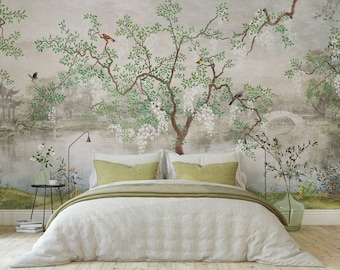 Japanese Garden Wallpaper Peel and Stick | Misty Lake Landscape and Big Tree Wall Mural | Asian Trees Wallpaper