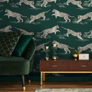 Jumping Tiger Wallpaper | Vintage Wild Animals Wall Mural | Jungle Animals Self Adhesive