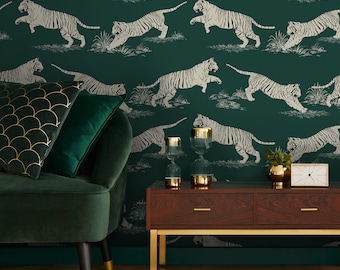 Jumping Tiger Wallpaper | Vintage Wild Animals Wall Mural | Jungle Animals Self Adhesive