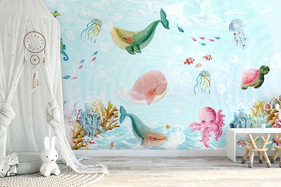 Etsy - Cute Animals Sea Kids Mural Wallpaper Undersea Wall