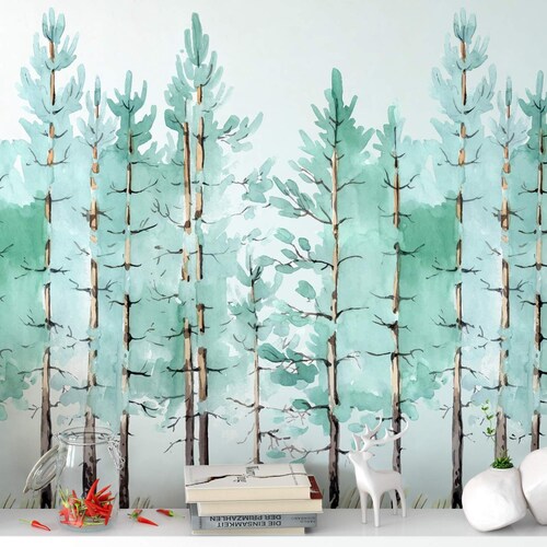 Tree Wallpaper Peel and Stick Pine Trees Painting Wall Mural - Etsy