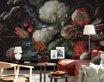 Dutch Floral Wallpaper Peel and Stick Dark Peony Flowers Wall Mural