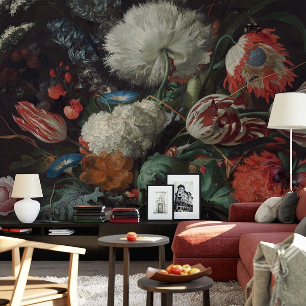 Dutch Floral Wallpaper Peel and Stick Dark Peony Flowers Wall Mural