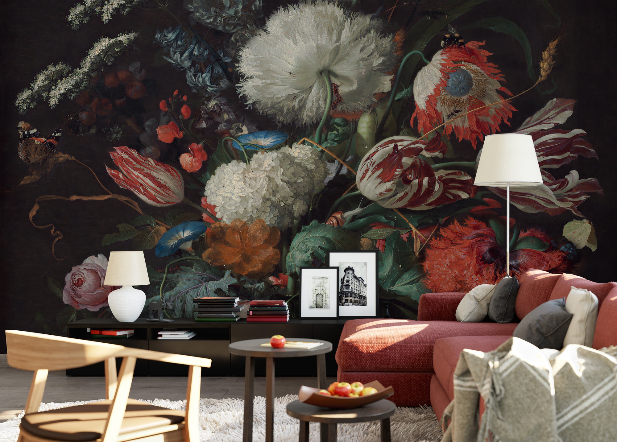 Dutch Floral Wallpaper Peel and Stick Dark Peony Flowers Wall Mural - Etsy