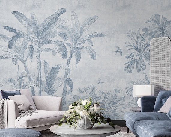 Monochrome Wallpaper Peel And Stick Drawing Forest Jungle Etsy