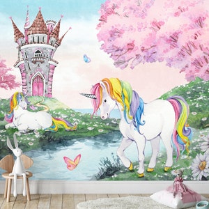 Carta da parati per bambini Peel and Stick Carta da parati con unicorno carino e castello