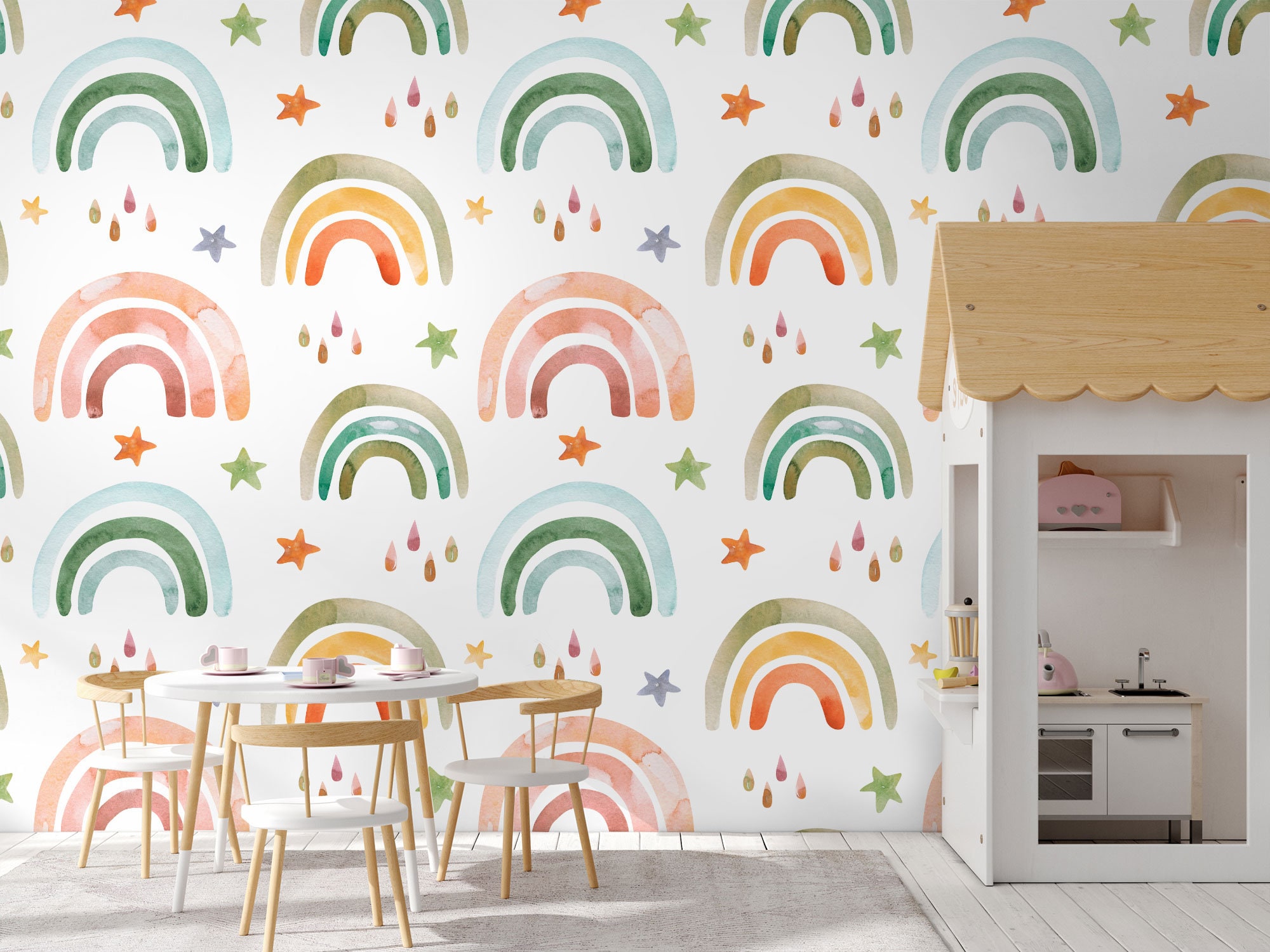 Kids Wallpaper Peel and Stick Nursery Soft Colorful Rainbow and Rain ...