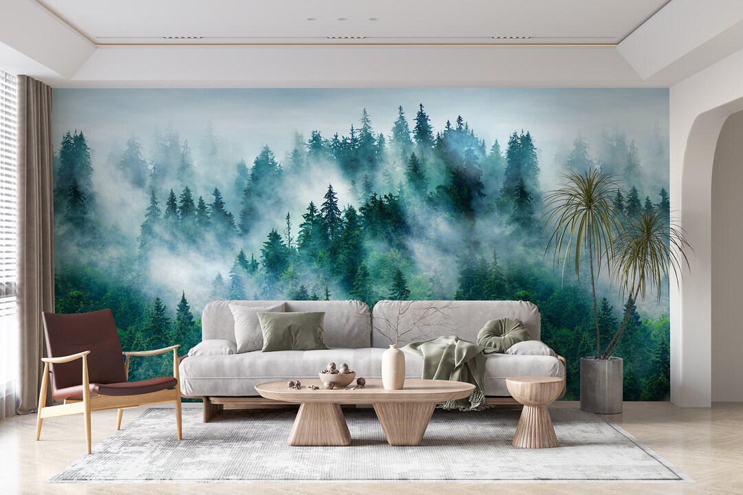 Misty Pine Forest Wallpaper | Foggy Mountain Wall Mural | Forest ...