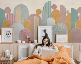 Abstract Modern Art Wallpaper | Geometric Boho Wall Mural | Mid Century Arch Shape Self Adhesive Wallpaper