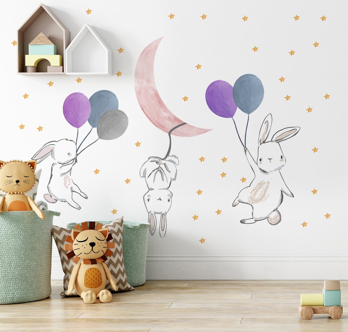 Kids Wall Decal Cute Bunny Wall Sticker With Colorful | Etsy