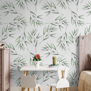 Watercolor Green Leaf Wallpaper Peel and Stick Tropical Leaves Wall Mural