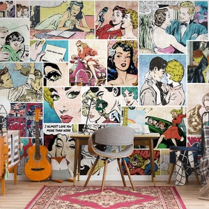 Carta da parati pop art retrò staccabile e attaccabile / murale di fumetti vintage