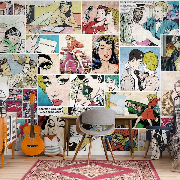 Retro Pop Art Wallpaper Peel and Stick | Vintage Comics Art Wall Mural