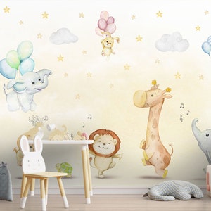 Carta da parati per bambini Carta da parati stacca e incolla con simpatici animali del safari che danzano