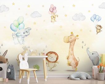 Papel de parede infantil descasque e cole animais fofos de safári dançando mural de parede