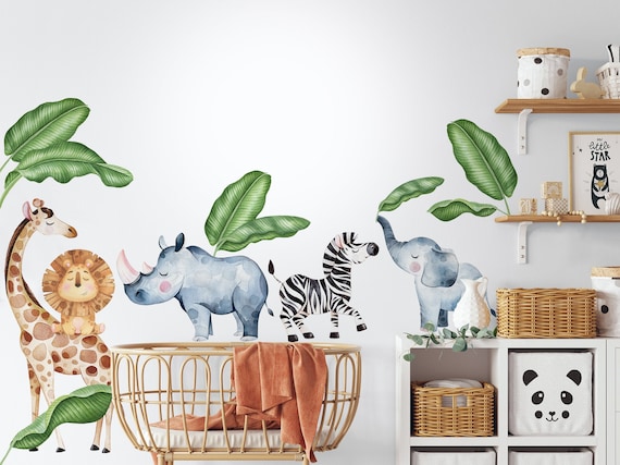 Safari Wall Decal Peel and Stick |  Kids Wall Decal | Giraffe Zebra Lion Hippopotam Animals Wall Sticker