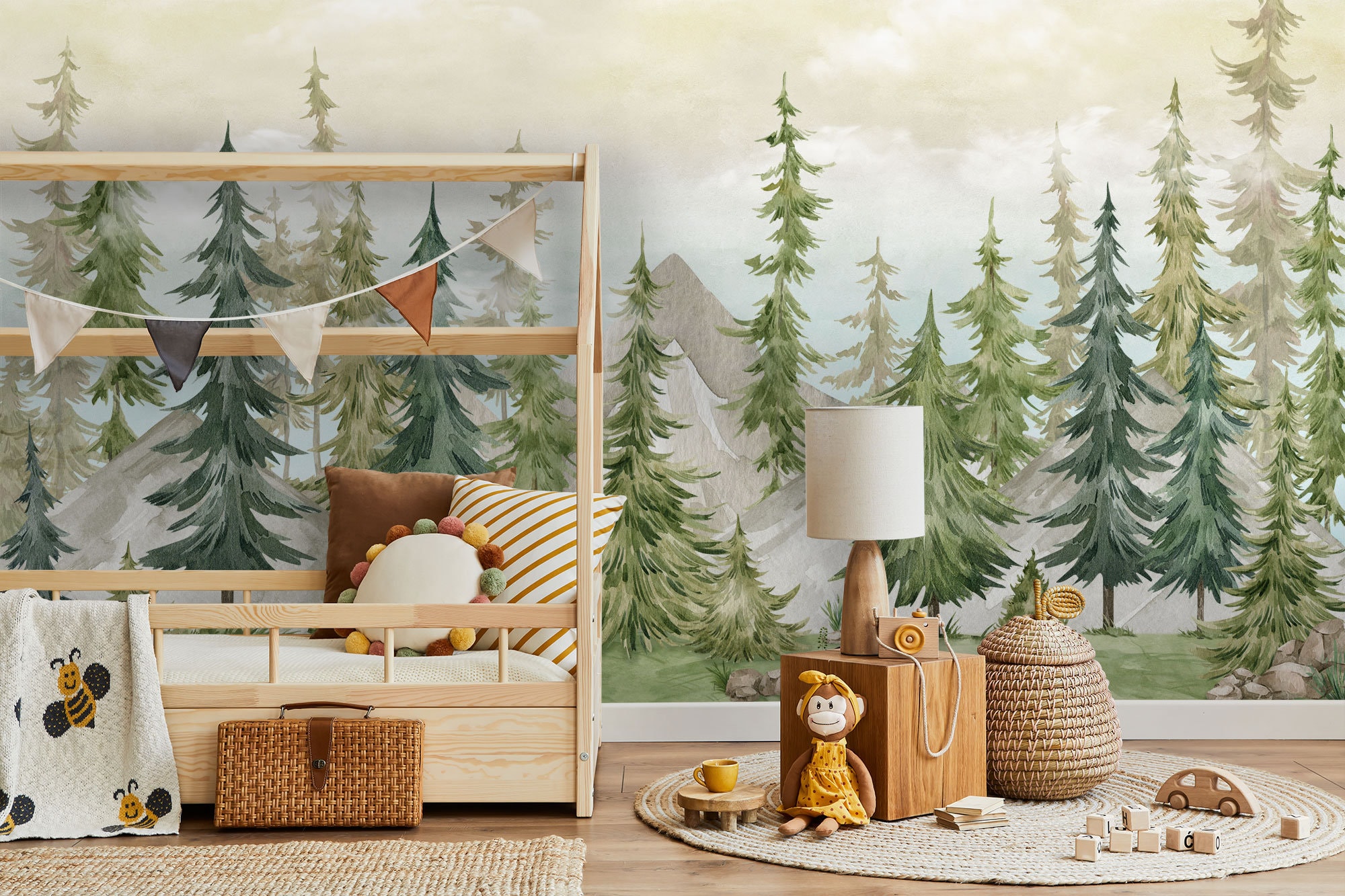 Watercolor Kids Forest Wallpaper Peel and Stick Nursery Pine Tree Wall ...