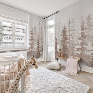 Carta da parati foresta per bambini, carta da parati con albero di pino ad acquerello, decorazione murale foresta per bambini / buccia e bastone di abete della scuola materna
