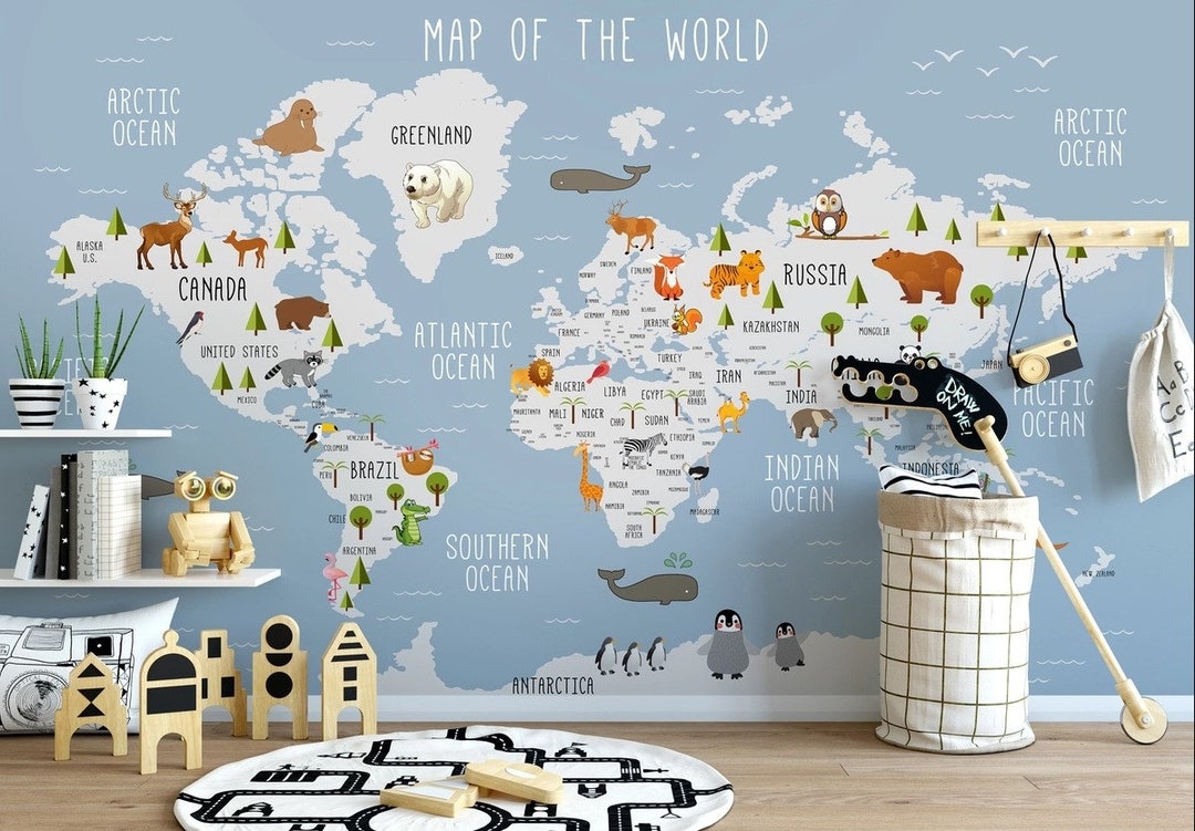 Kids Wallpaper Peel and Stick | Cute World Map With Animals Wall Murals ...