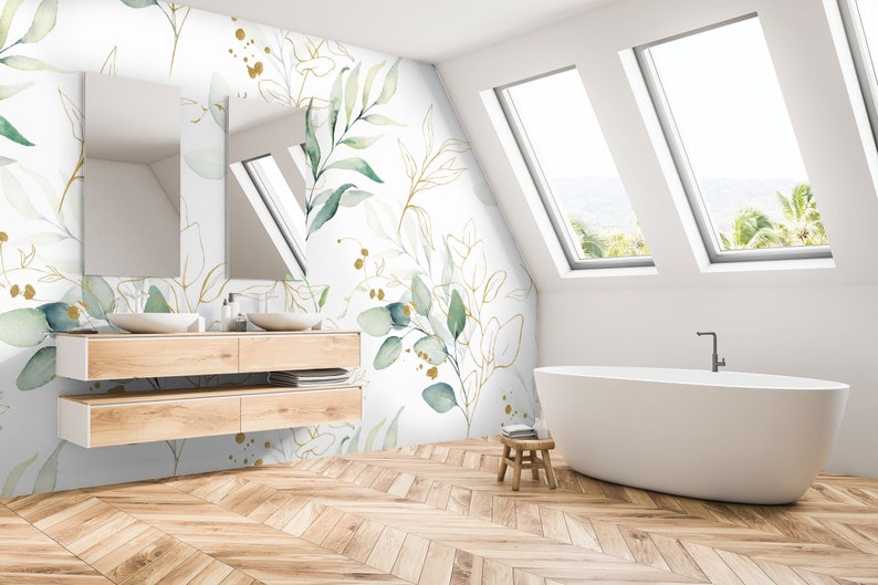 Watercolor Eucalyptus Leaf Wallpaper Peel and Stick Soft Green Leaves Wall Mural image 4