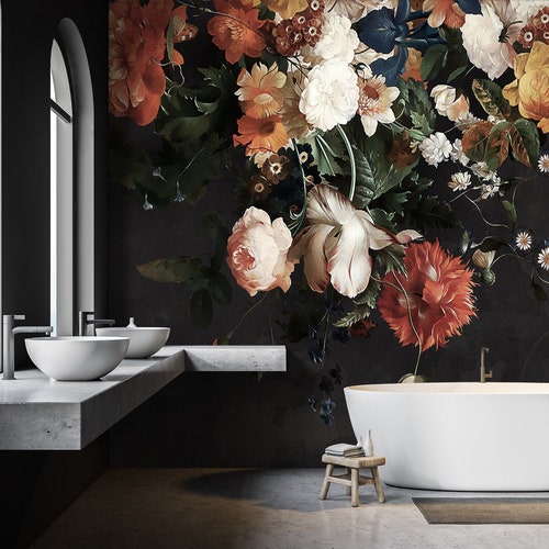 Dark Floral Wallpaper Peel and Stick Dutch Floral Wall Mural Etsy