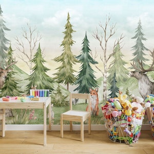 Carta da parati per bambini Peel and Stick Carta da parati ad acquerello Pino con animali della foresta