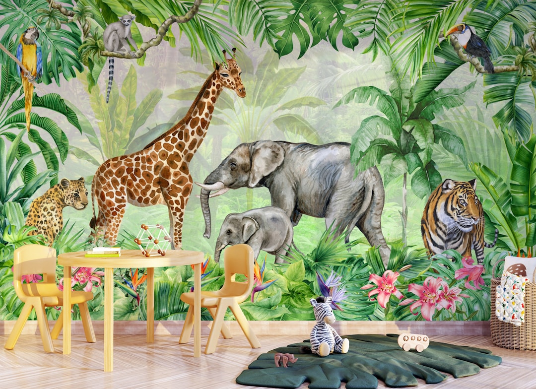 Kids Wallpaper Peel and Stick | Kids Jungle Wall Mural - Etsy