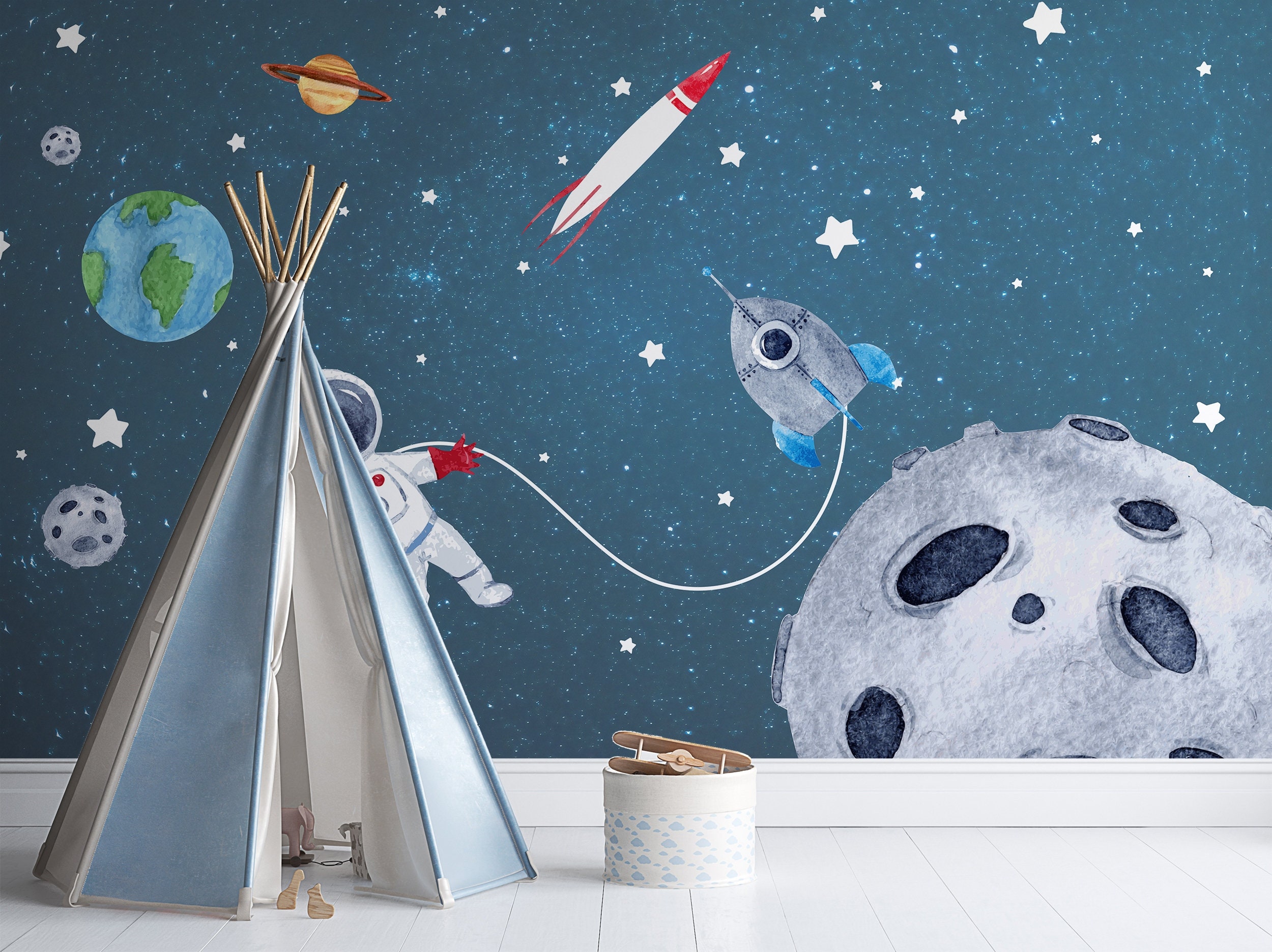 Kids Wallpaper Peel and Stick Watercolor Space With Astronaut Wall ...