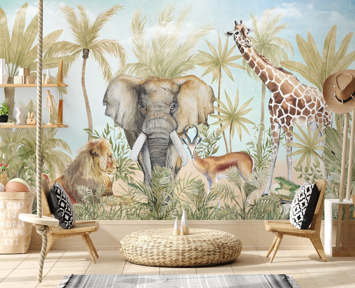 Kids Wallpaper Peel and Stick Watercolor Safari Animals Wall - Etsy