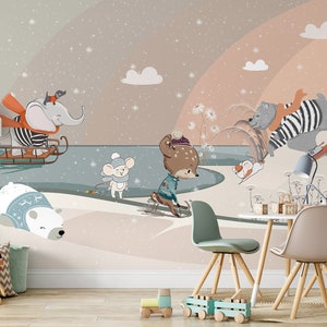 Kids Wallpaper for Nursery Cute Snowy Animals Wall Mural Peel and Stick