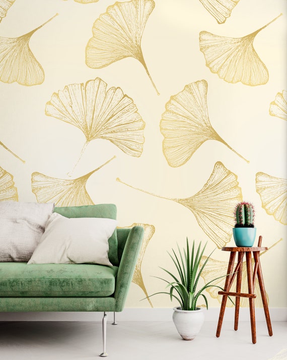 Leaf Wallpaper Peel and Stick Gold Look Gingko Leaf Wall Mural | Etsy