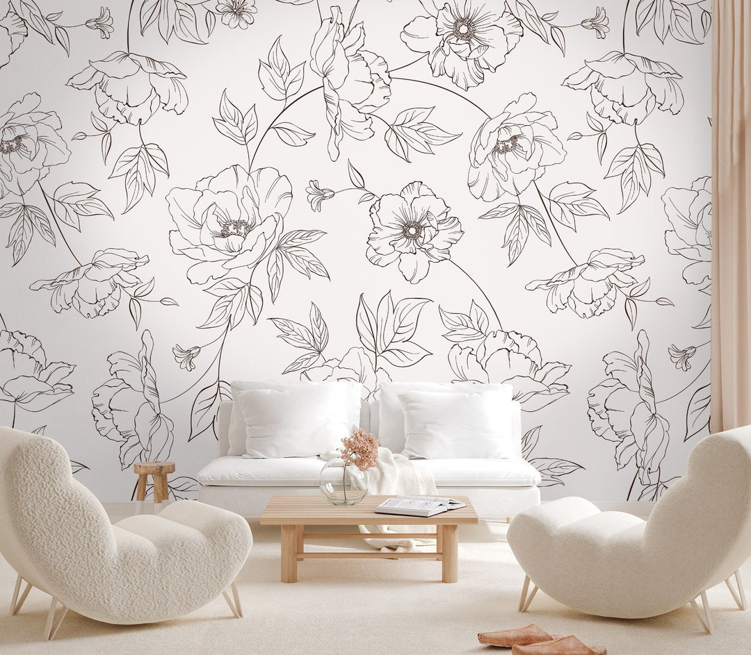Floral Wallpaper Peel and Stick | Poppy Flower Drawing Wall Mural - Etsy