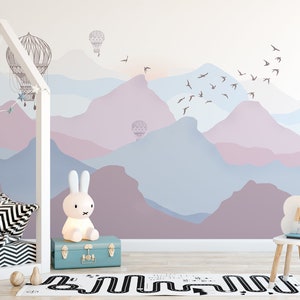 Carta da parati per bambini con paesaggio di montagna per la cameretta dei bambini con mongolfiere